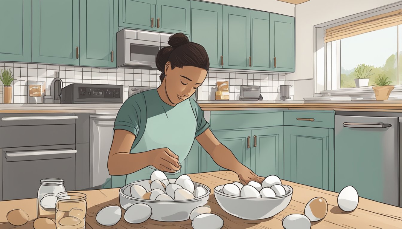 A person cracking a duck egg into a bowl, with a carton of duck eggs nearby and a refrigerator in the background