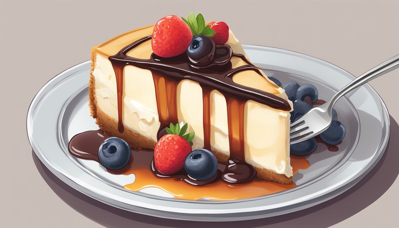 A slice of cheesecake on a plate with a fork next to it, a dollop of whipped cream and a drizzle of fruit sauce on top