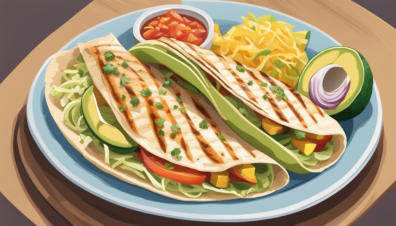 A colorful array of fresh ingredients - grilled fish, shredded cabbage, sliced avocado, and tangy salsa - arranged on a warm tortilla