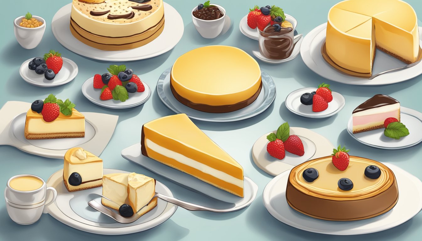 A table set with various types of cheesecake, each with unique toppings and decorations, ready to be enjoyed