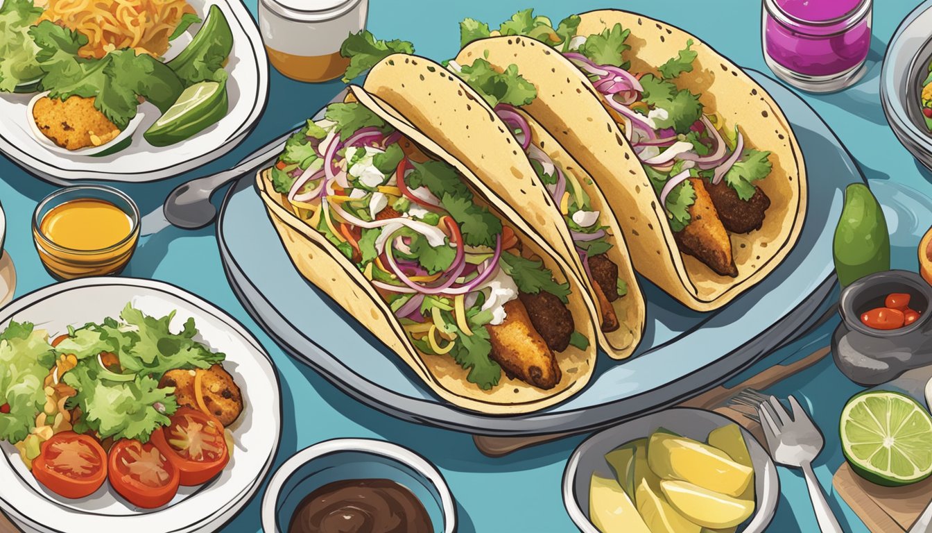 A fish taco with various toppings and sauces laid out on a table, surrounded by colorful plates and utensils