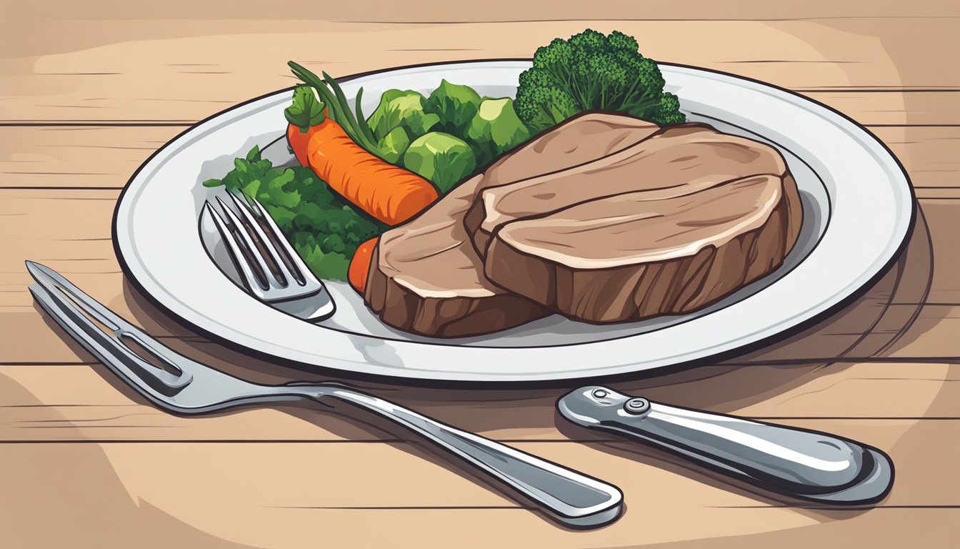 A plate of cooked veal with a side of vegetables and a knife and fork placed neatly beside it