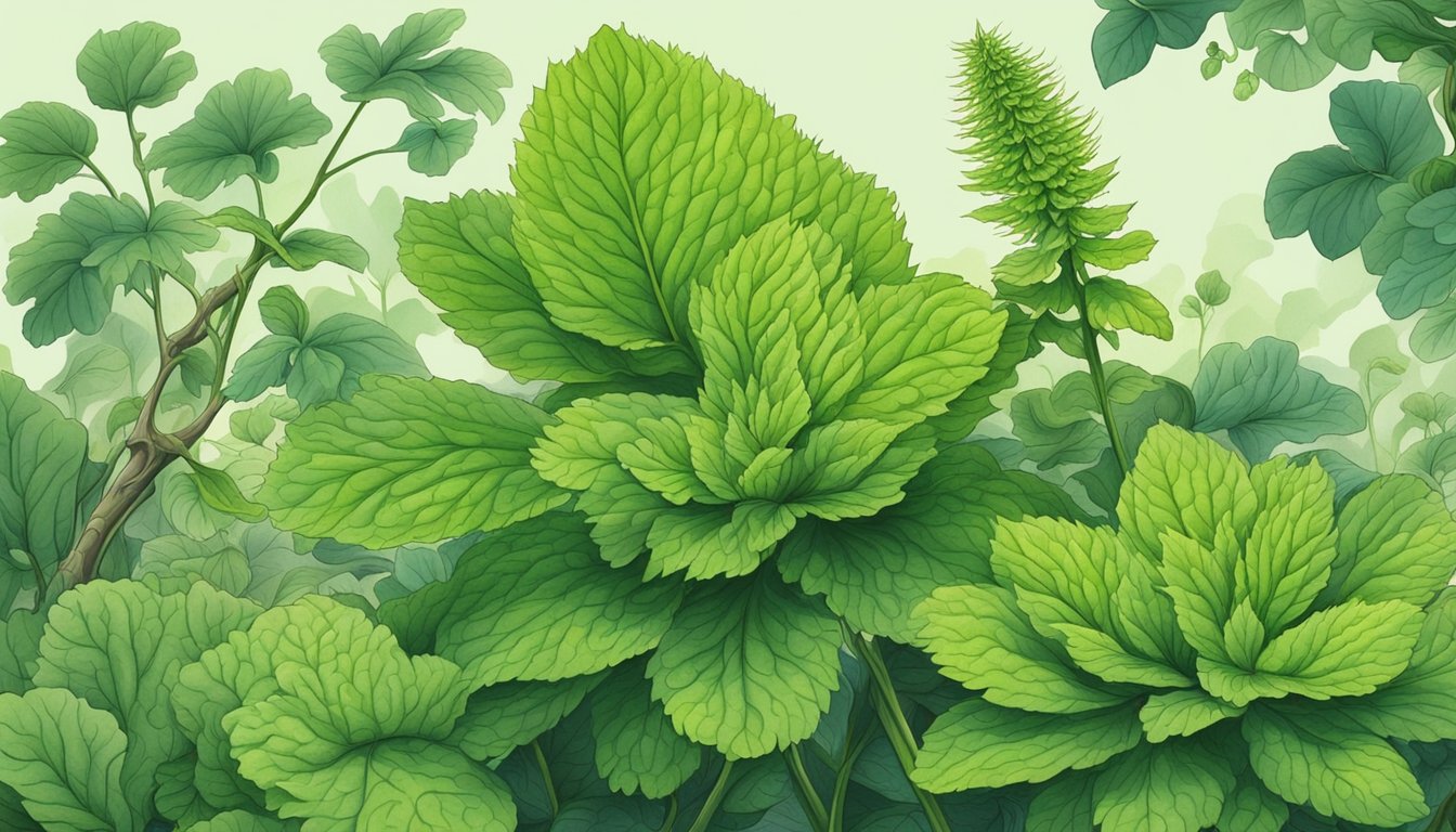 A wasabi plant grows in a lush garden, surrounded by other herbs and vegetables. The vibrant green leaves and distinctive spiky stems stand out against the backdrop of the garden