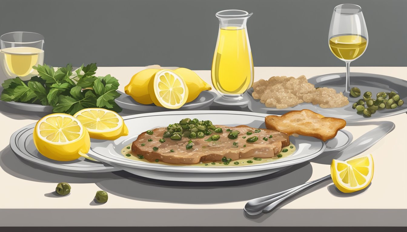 A plate of veal piccata with capers and lemon slices, surrounded by ingredients like veal, flour, butter, and white wine