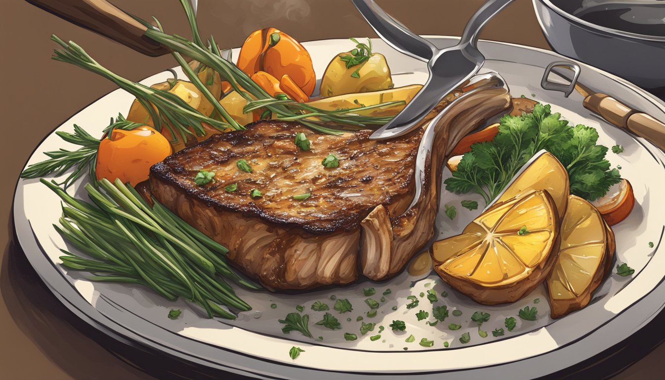 A chef pan-sears a veal chop in sizzling butter, sprinkling it with fresh herbs before serving with a side of roasted vegetables