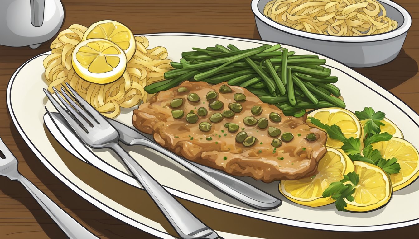 A plate with veal piccata, garnished with lemon slices and capers, served with a side of pasta and steamed vegetables