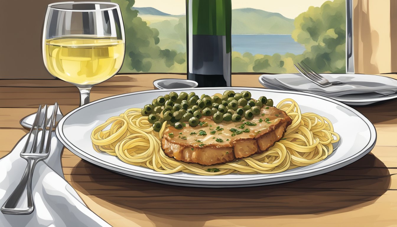 A plate of veal piccata served with capers, lemon slices, and a side of pasta, accompanied by a glass of white wine