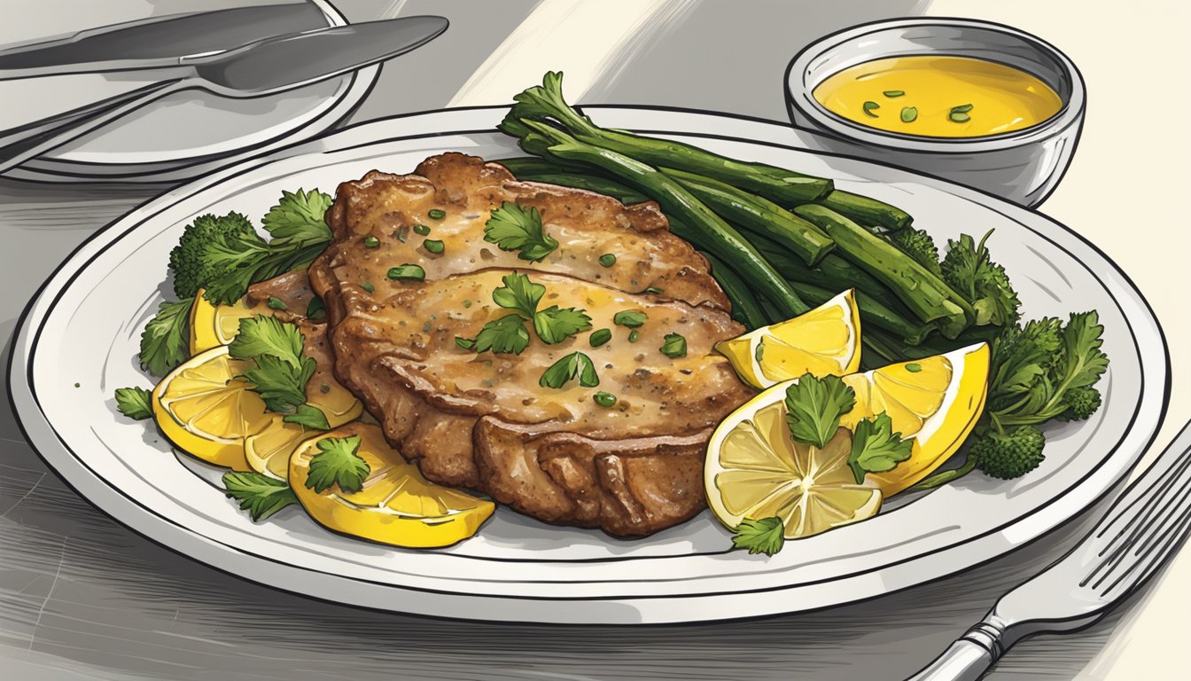 A plate of veal piccata with a side of roasted vegetables and a squeeze of fresh lemon