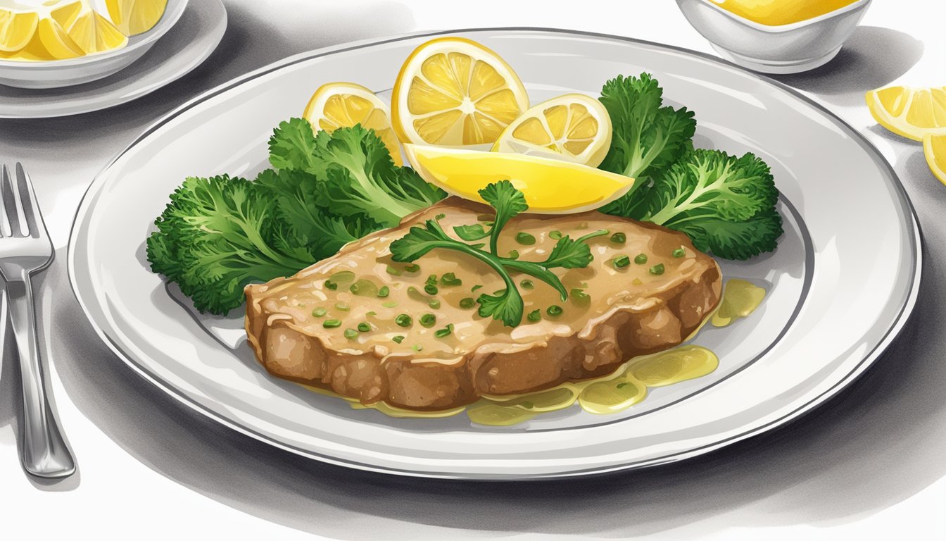 A plate of veal piccata with a side of steamed vegetables and a slice of lemon on a white porcelain dish