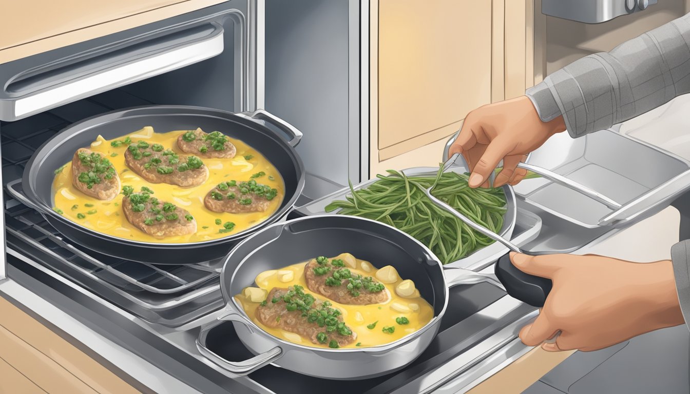 A person placing a cooked veal piccata in a sealed container in the refrigerator, then later reheating it in a skillet on the stove