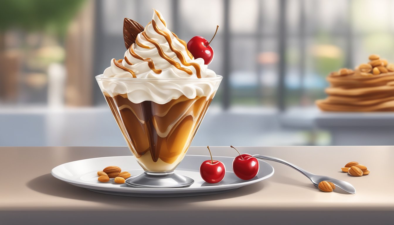 A caramel sundae topped with whipped cream, drizzled with caramel sauce, and garnished with a maraschino cherry and a sprinkling of chopped nuts