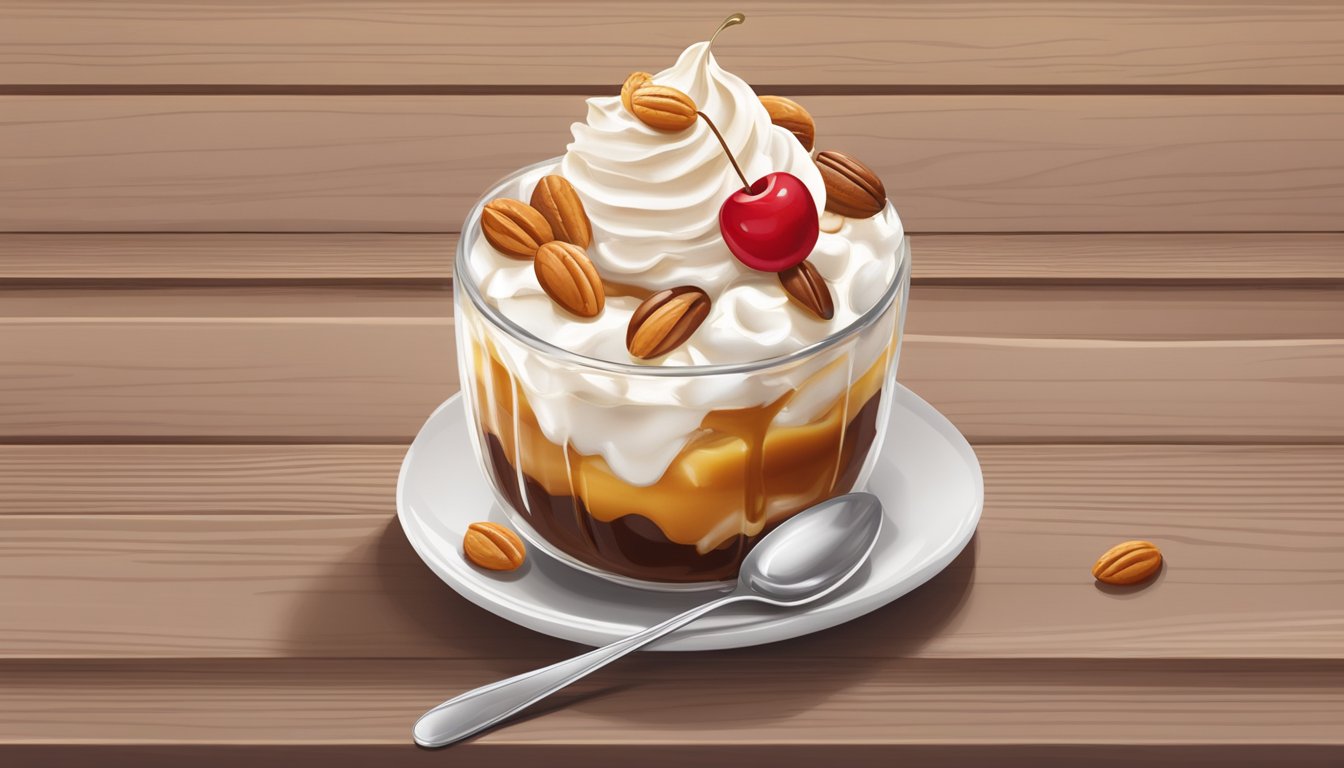 A caramel sundae being slowly devoured by a spoon, with layers of whipped cream, nuts, and a cherry on top, sitting on a wooden table