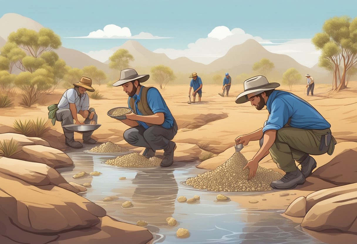 A group of tourists sift through riverbed sediment, panning for gold nuggets in the Australian outback