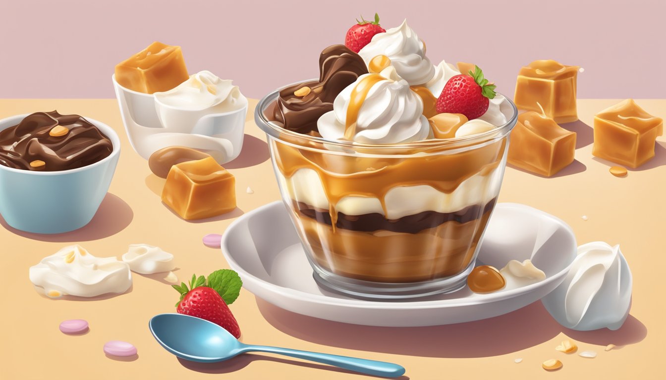 A caramel sundae surrounded by toppings, with a spoon digging into the creamy layers