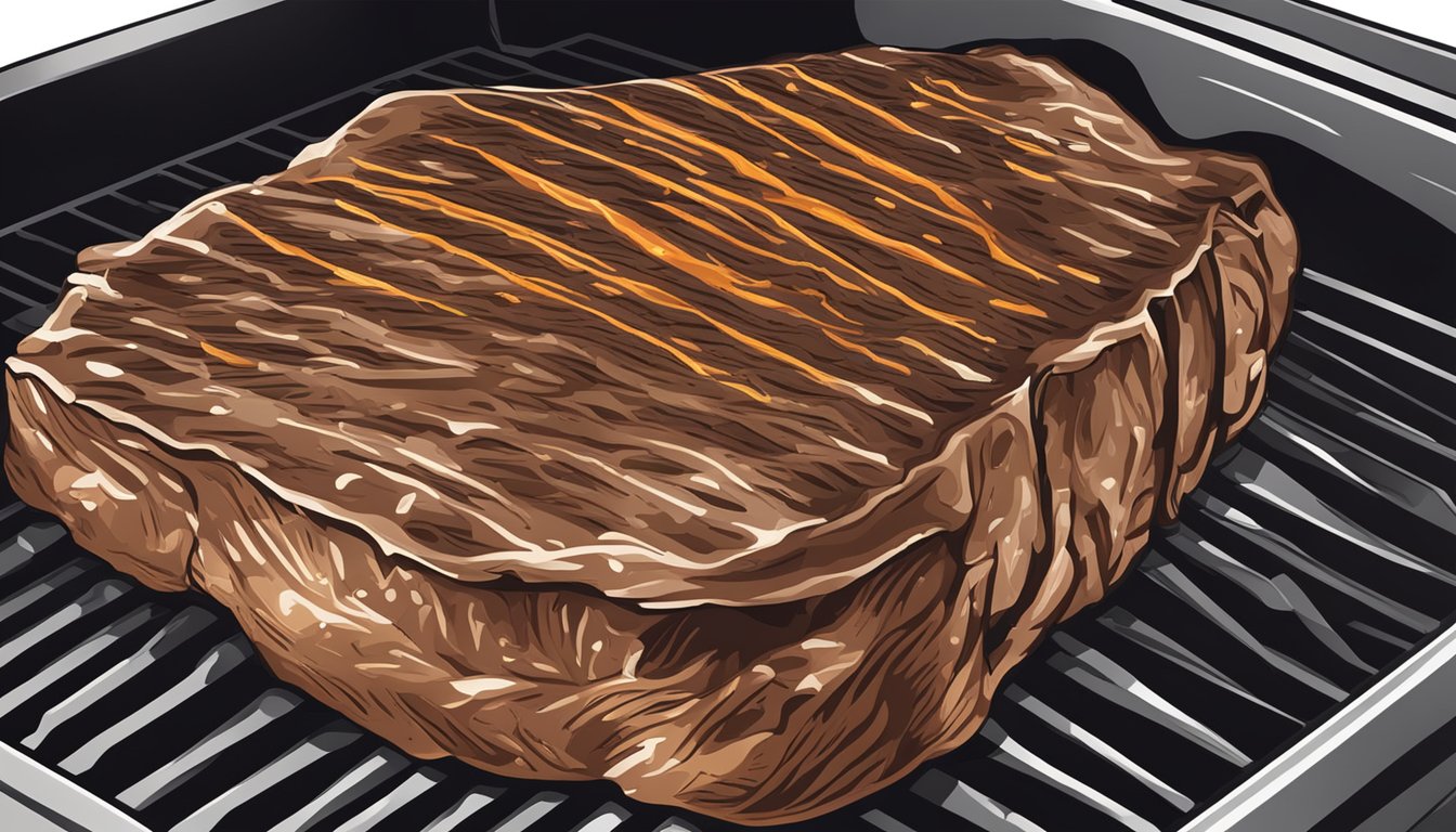 A flank steak sizzling on a hot grill, with grill marks forming as it cooks to perfection