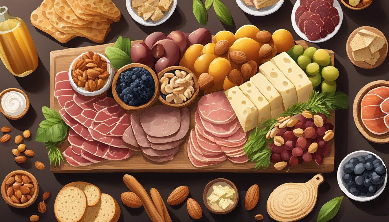 A wooden charcuterie board with an assortment of meats, cheeses, fruits, nuts, and bread arranged in an artful and appetizing display