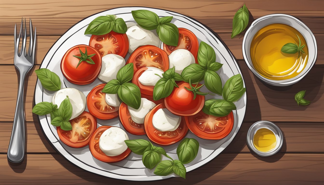 A wooden table set with a plate of sliced tomatoes, mozzarella, and basil leaves drizzled with olive oil and balsamic vinegar