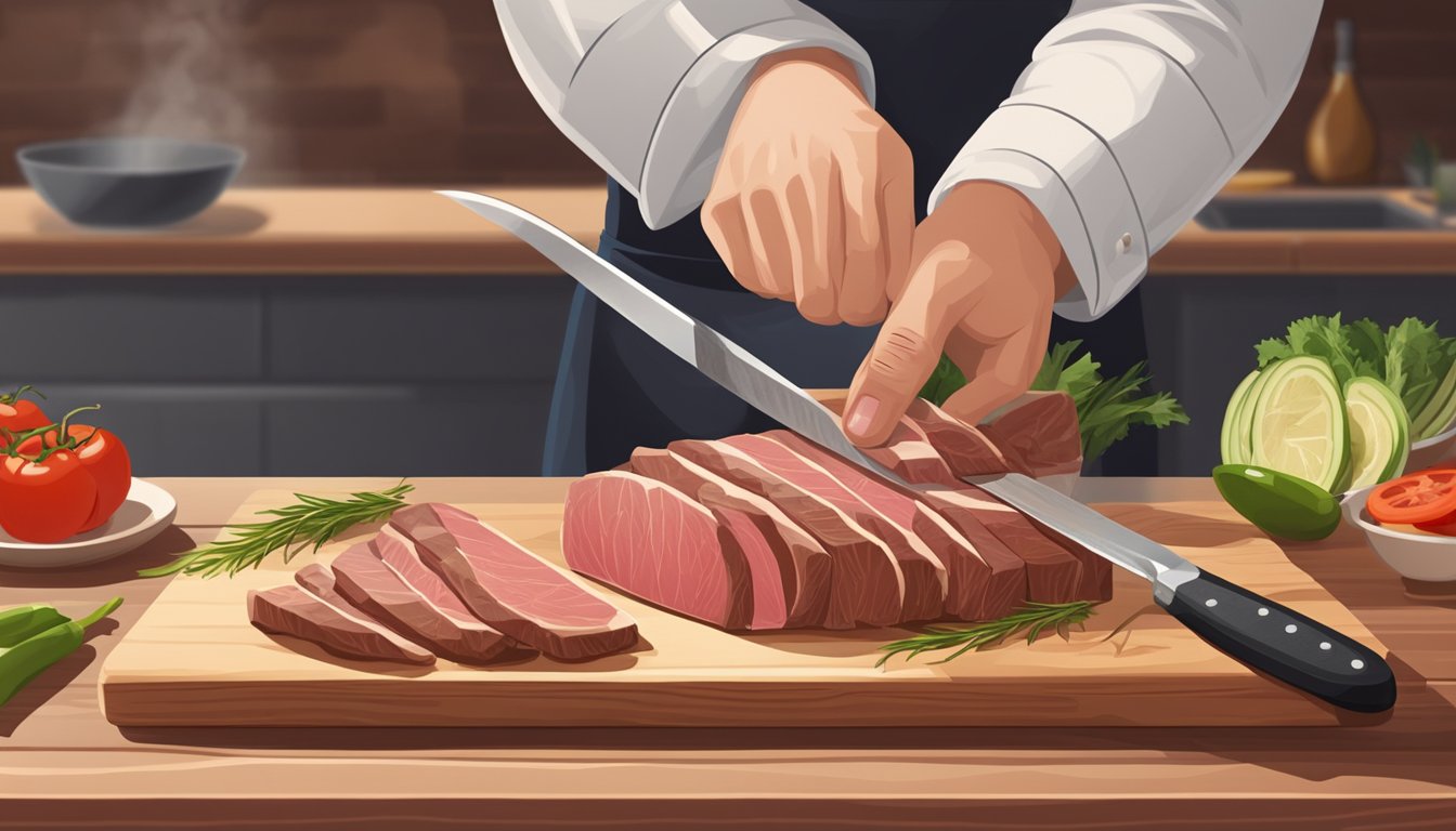 A chef slices a cooked flank steak and arranges the pieces on a wooden cutting board, ready for serving. A knife and fork sit nearby