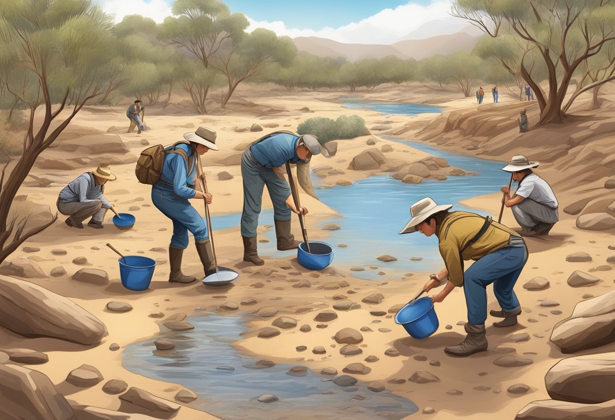 Tourists sifting through riverbed sediment, using pans and shovels to search for gold in the Australian outback