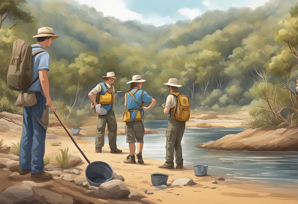 A group of tourists with prospecting equipment stand by a river in Australia, sifting through sediment in search of gold