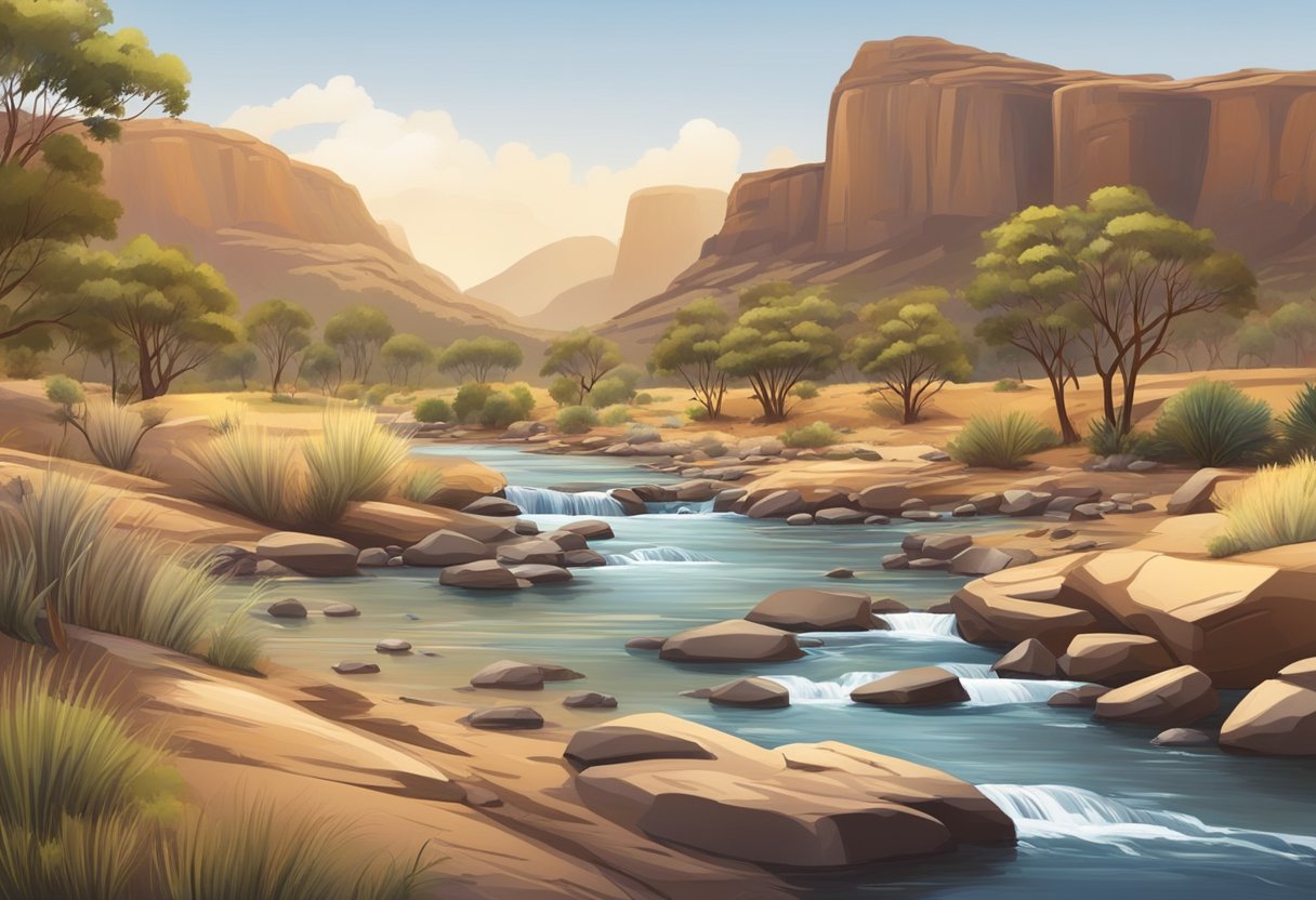 A picturesque Australian outback landscape with a flowing river and rocky terrain, where tourists can be seen panning for gold