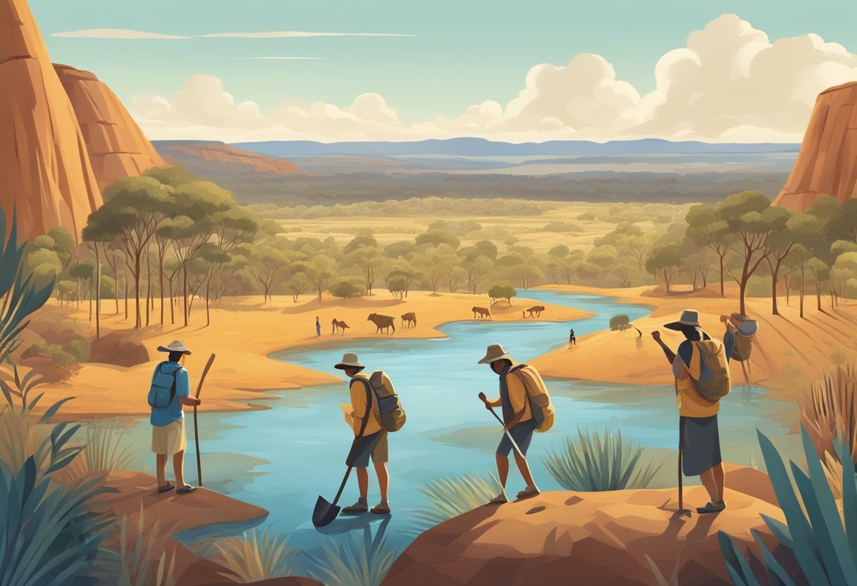 A group of tourists with shovels and pans explore a scenic Australian landscape, surrounded by indigenous cultural symbols and historical landmarks