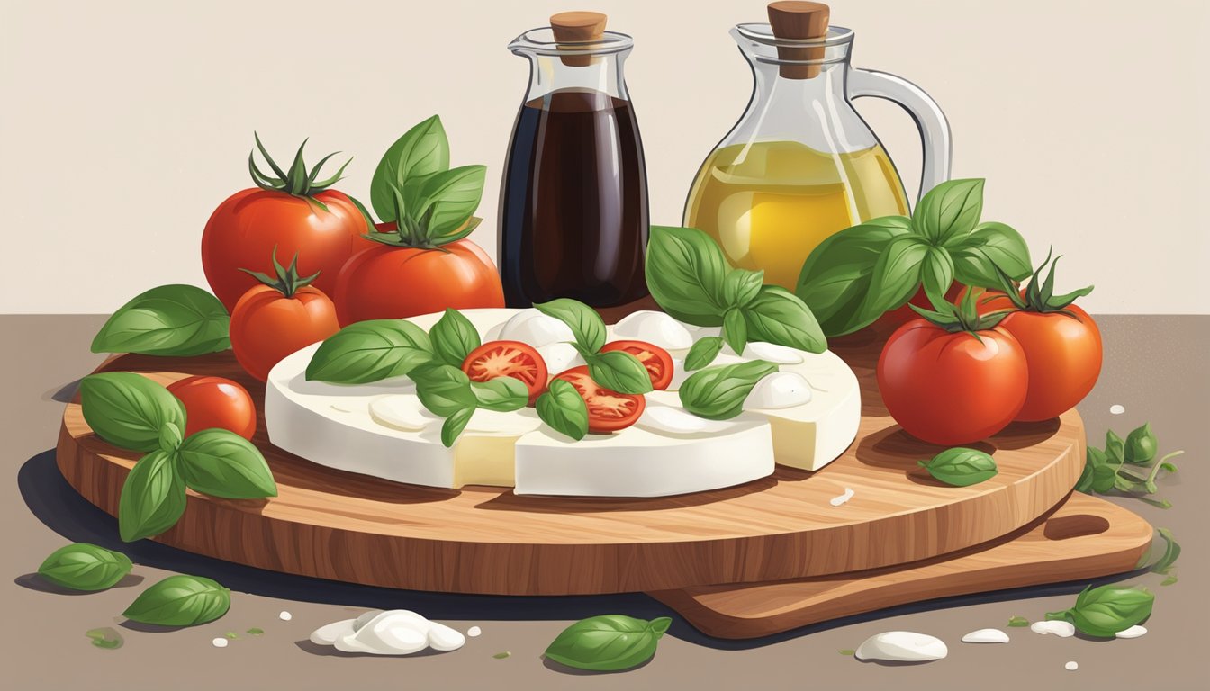 A wooden cutting board with sliced tomatoes, fresh mozzarella, and basil leaves arranged in a circular pattern. A drizzle of olive oil and balsamic vinegar is being poured over the ingredients