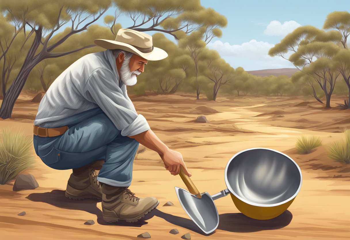 A tourist with a shovel and gold pan in the Australian outback