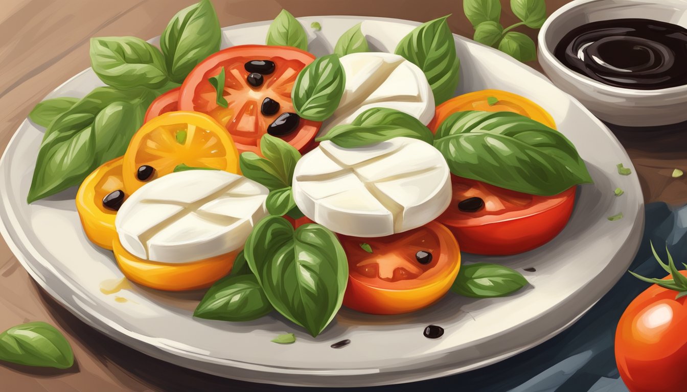 A vibrant plate holds a colorful caprese salad with ripe tomatoes, fresh mozzarella, and fragrant basil leaves drizzled with olive oil and balsamic vinegar