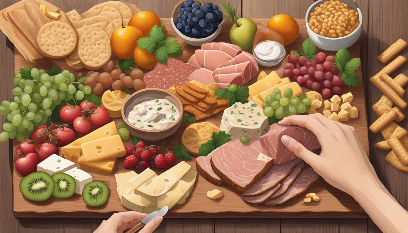 A hand reaches for a variety of meats, cheeses, fruits, and crackers arranged on a wooden board