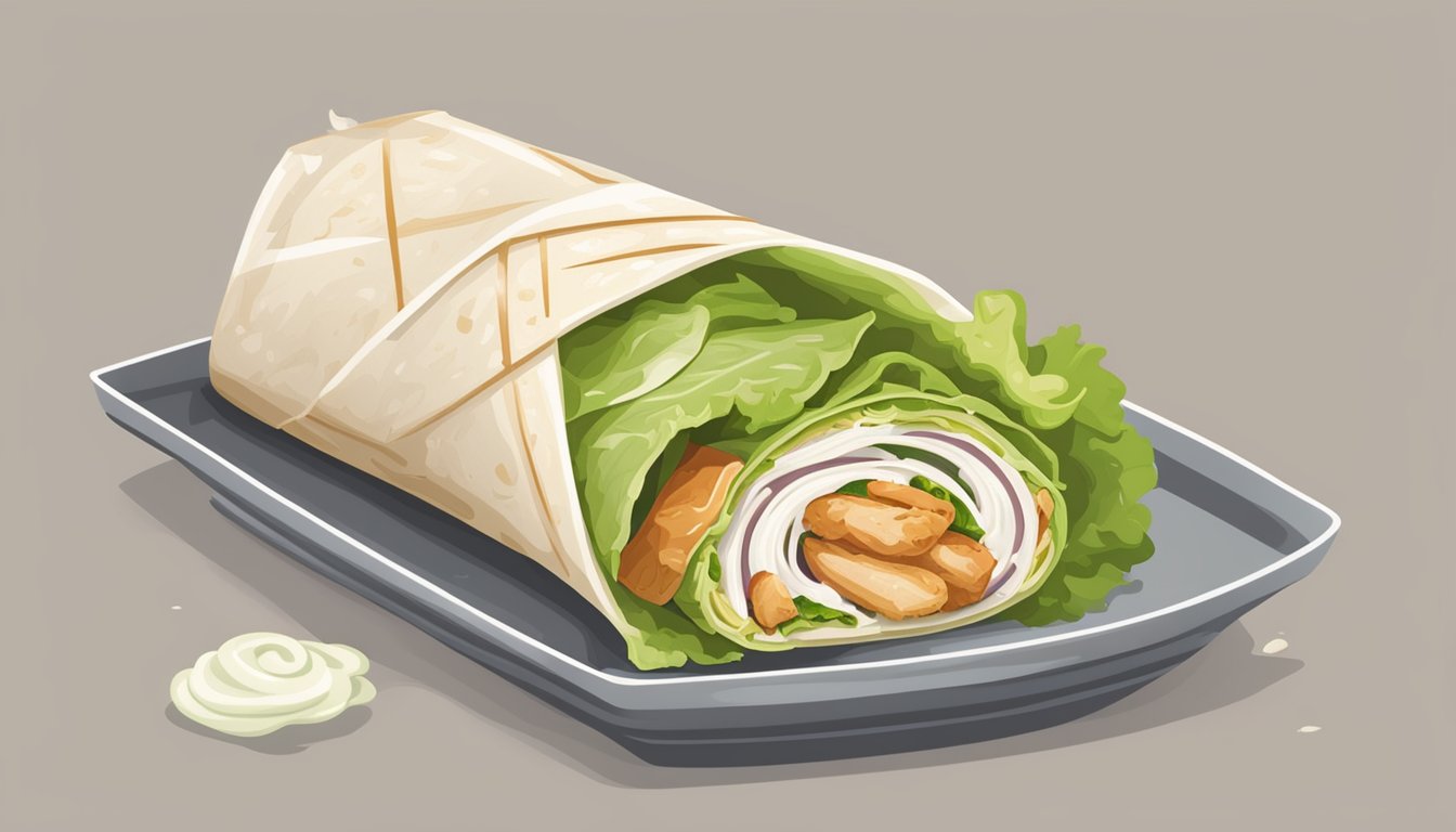 A caesar wrap lies open, revealing lettuce, grilled chicken, parmesan cheese, and caesar dressing