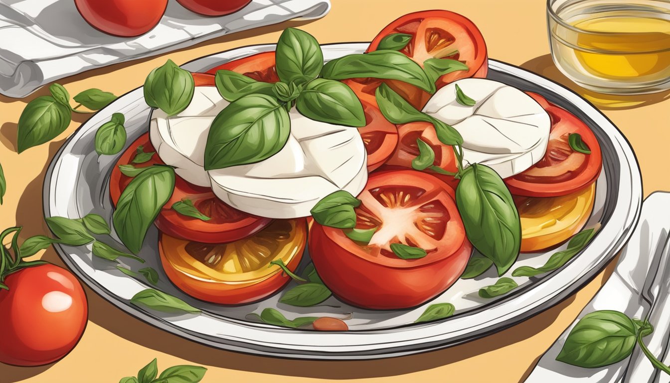 A colorful plate with layers of ripe tomatoes, fresh mozzarella, and fragrant basil leaves drizzled with olive oil and balsamic vinegar