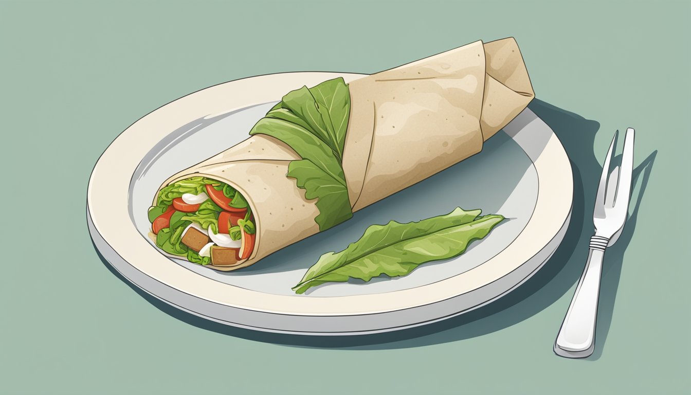 A caesar wrap being unwrapped and laid out on a plate with a fork and knife beside it