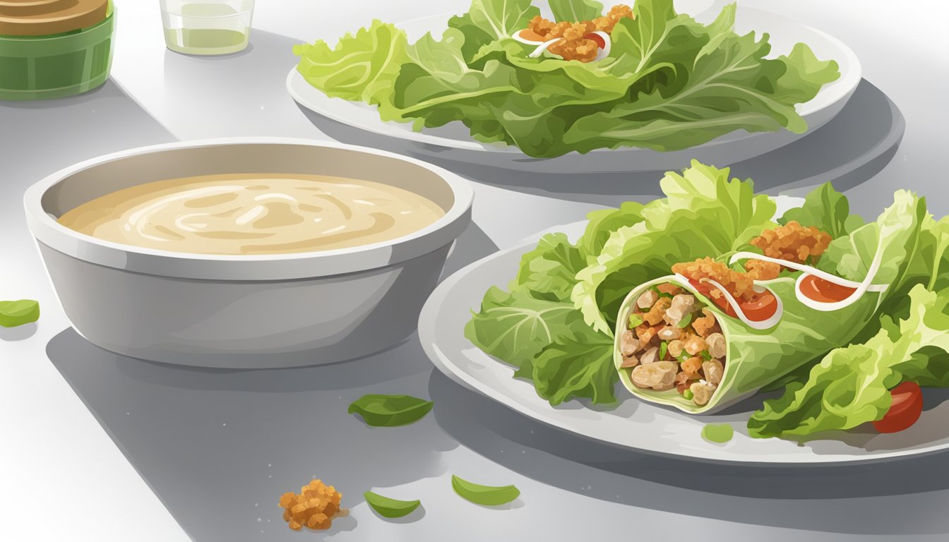 A caesar wrap sits on a white plate next to a pile of fresh lettuce and a container of dressing. A meal prep container is open nearby for storage