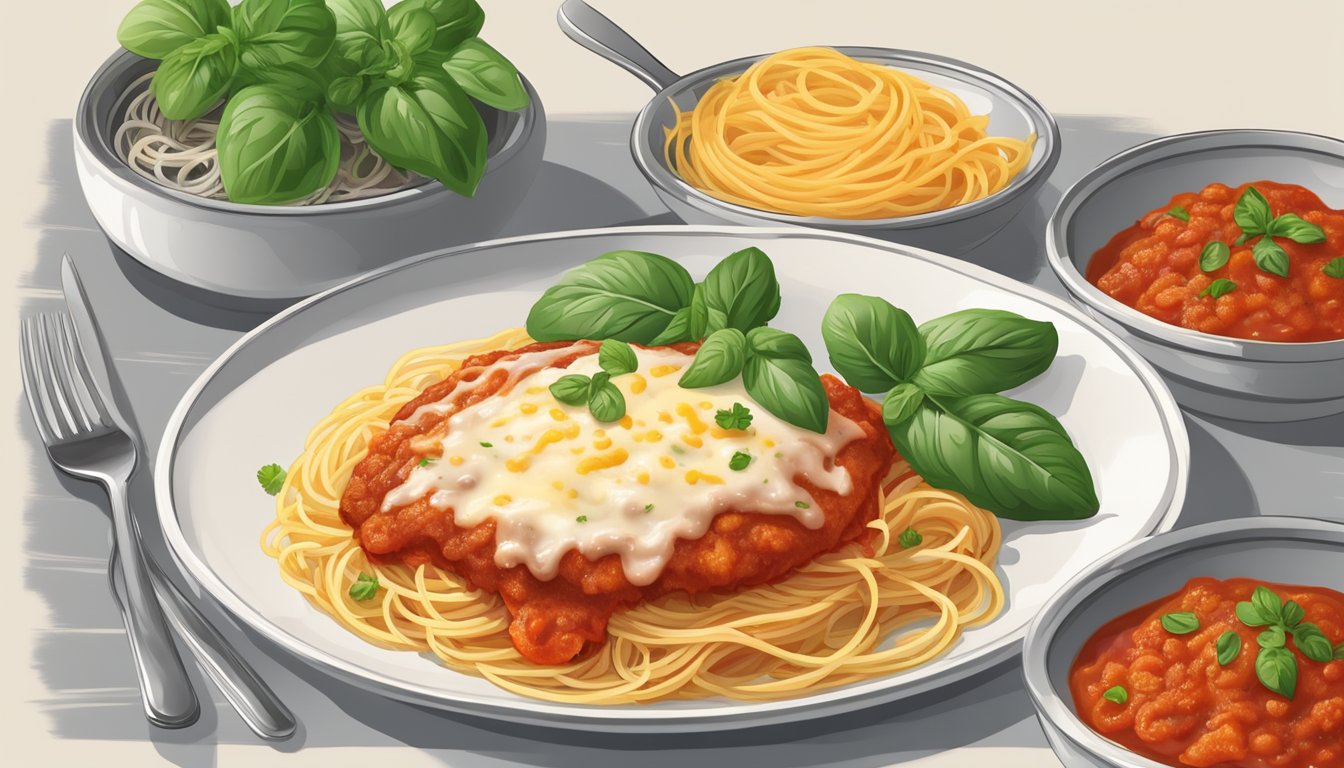 A plate with veal parmigiana topped with melted cheese and tomato sauce, served with a side of spaghetti and a sprinkle of fresh herbs