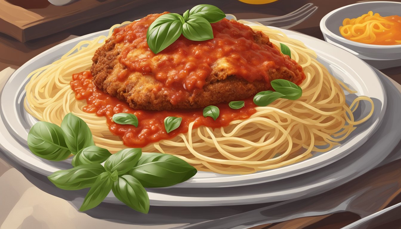 A plate of veal parmigiana sits on a table, topped with melted cheese and tomato sauce, surrounded by a side of spaghetti and a garnish of fresh basil