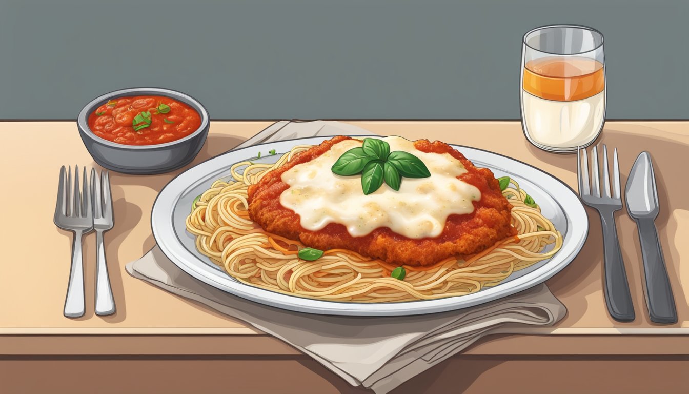 A plate of veal parmigiana served with a side of spaghetti, topped with melted mozzarella and marinara sauce