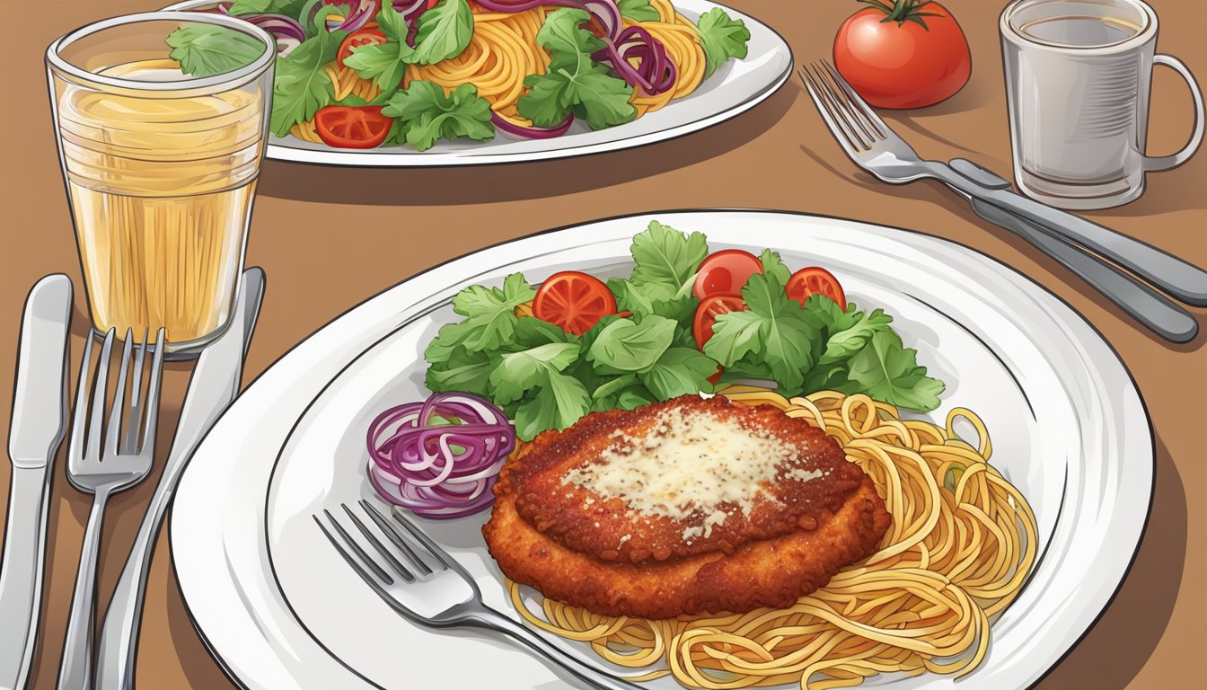 A plate of veal parmigiana with a side of spaghetti and a colorful salad, surrounded by a fork and knife