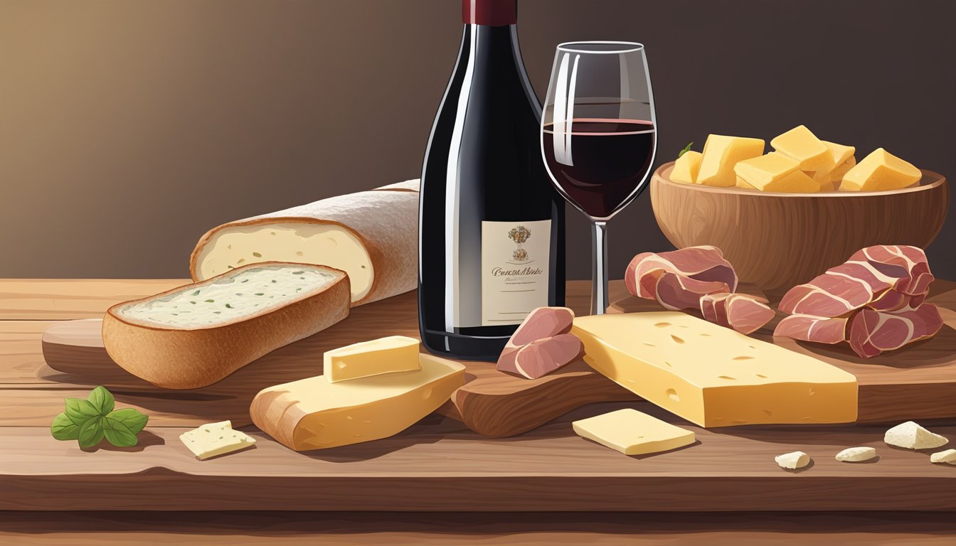 A French baguette rests on a wooden cutting board, surrounded by a spread of butter, cheese, and cured meats. A glass of red wine sits nearby