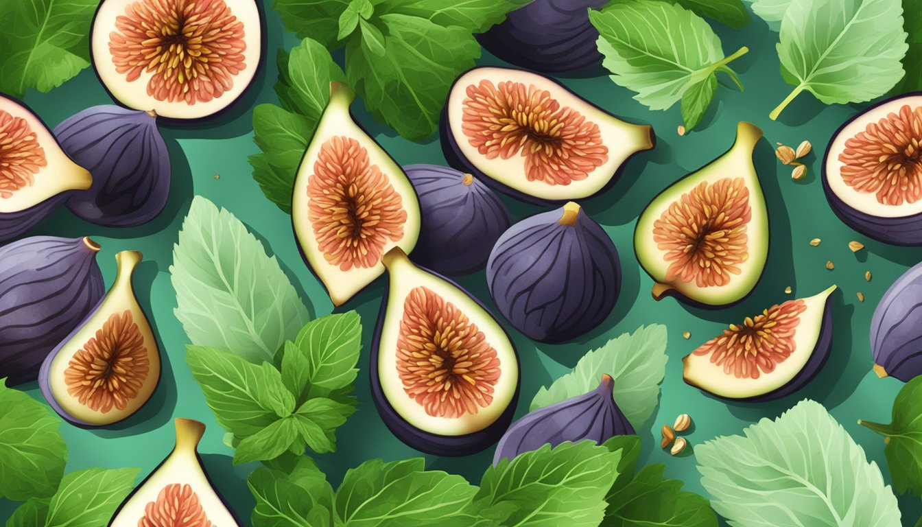 A fig sliced on a plate with a dollop of honey and a sprinkle of chopped nuts, surrounded by fresh mint leaves