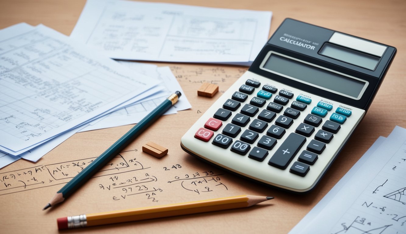 Bir masa üzerinde bir hesap makinesi ve kalem, etrafında dağınık kağıtlar ve matematik formülleriyle çevrili.