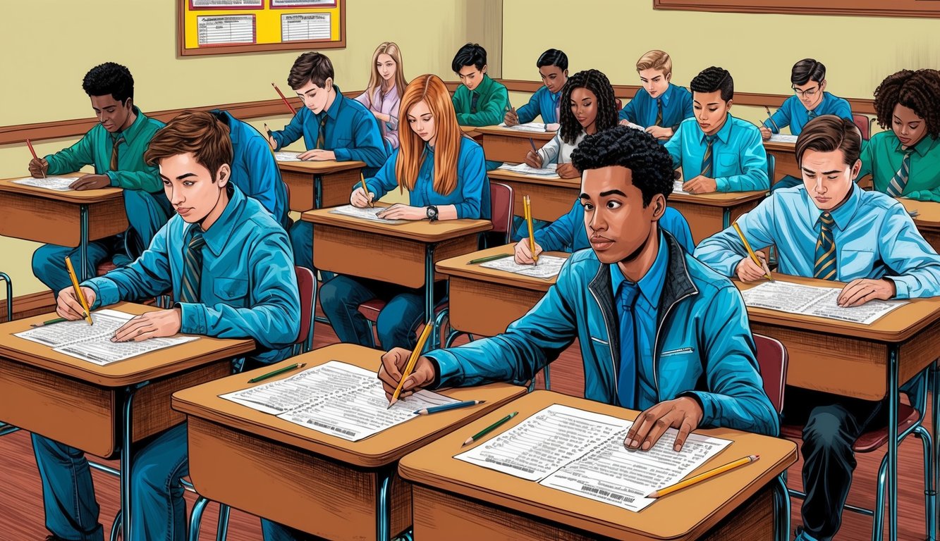 Sıralarda oturan bir grup öğrenci, kalemler ve cevap kağıtları ile standart bir testte sınav oluyor.