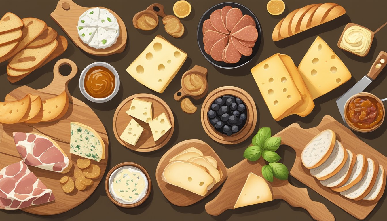 A rustic wooden table set with a spread of cheeses, meats, and spreads, alongside a freshly baked French baguette sliced into pieces