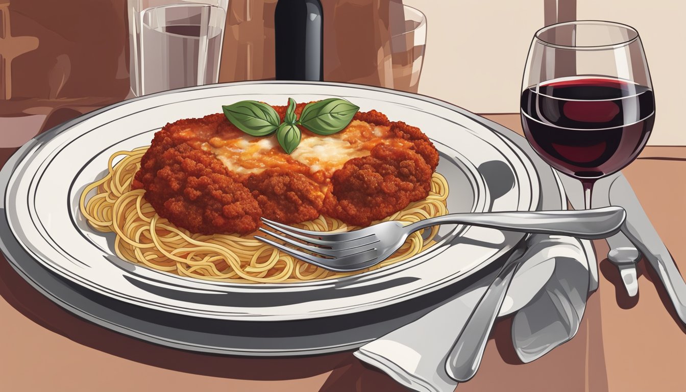 A plate of veal parmigiana surrounded by a variety of utensils, including a fork, knife, and spoon. A side of spaghetti and a glass of red wine complete the setting