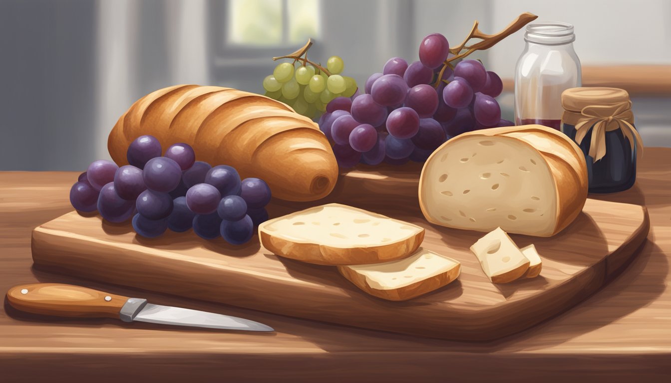 A French baguette sits on a wooden cutting board, surrounded by a wheel of brie, a bunch of grapes, and a jar of fig jam