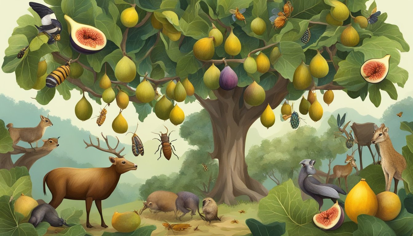 A fig tree with ripe fruit hanging from its branches, surrounded by a diverse group of animals and insects feeding on the sweet, juicy figs