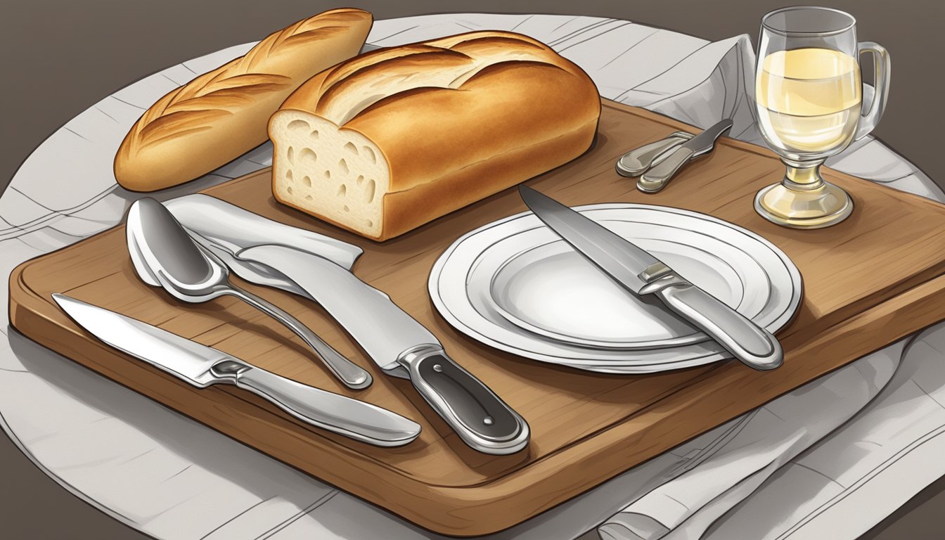 A table set with a French baguette on a bread board, a butter dish, and a knife. A napkin is neatly folded beside the place setting