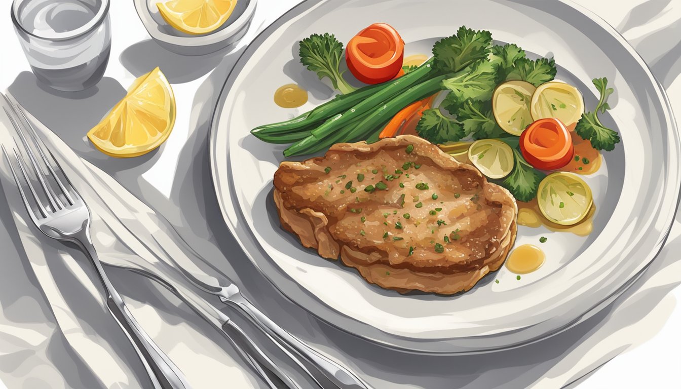 A plate of veal scallopini with a side of vegetables and a fork on a white tablecloth