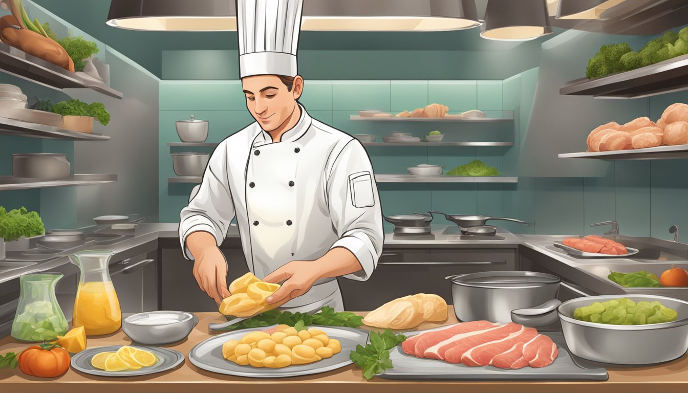 A chef carefully selects fresh veal scallopini from a display of quality ingredients, ready to prepare a delicious meal