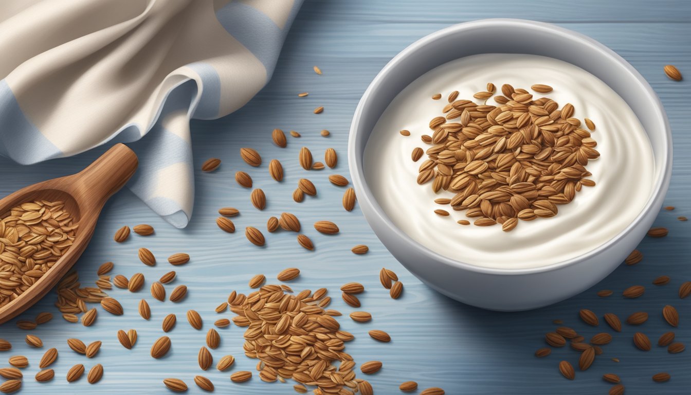 A bowl of yogurt topped with flaxseeds, surrounded by a scattering of whole and ground flaxseeds on a wooden table